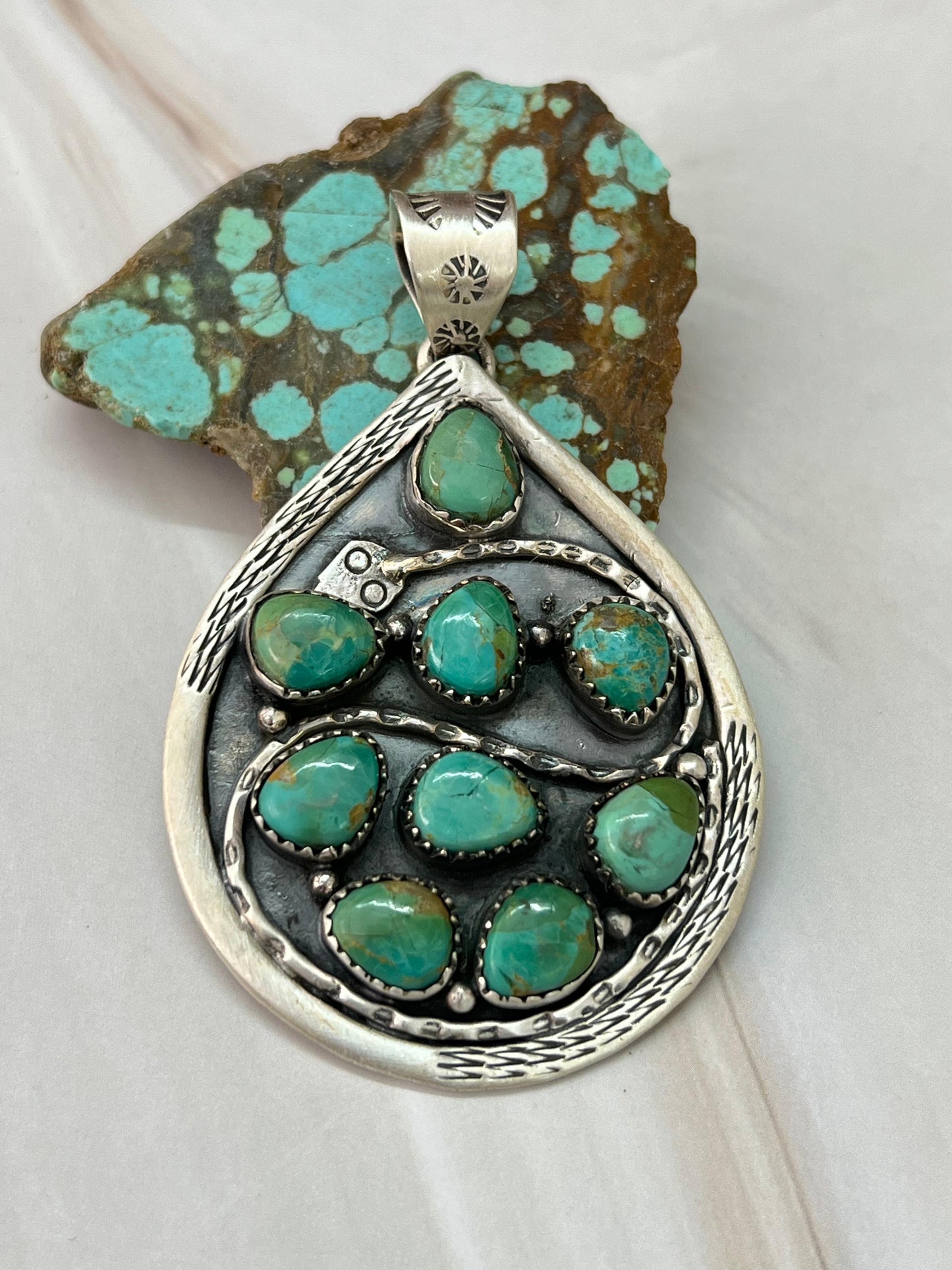 Handmade Sterling Silver Kingman Turquoise Snake Pendant with Signed Nizhoni