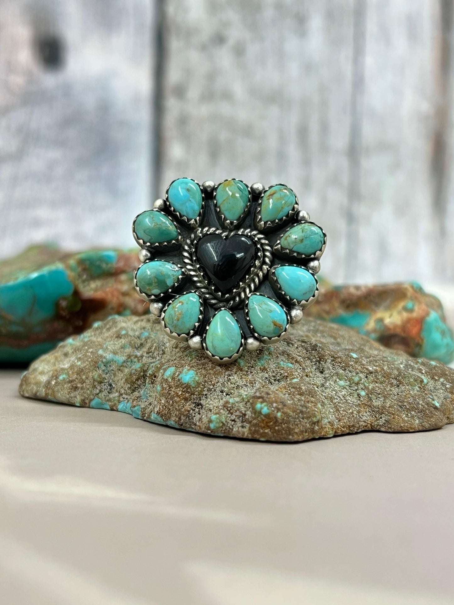 Handmade Sterling Silver Kingman Turquoise, Black Onyx Adjustable Heart Ring with Signed Nizhoni