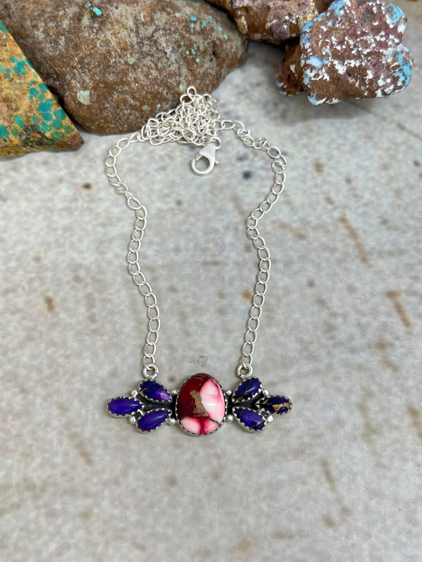 Handmade Sterling Silver Grape Dahlia with Dahlia Rose Necklace with Signed Nizhoni