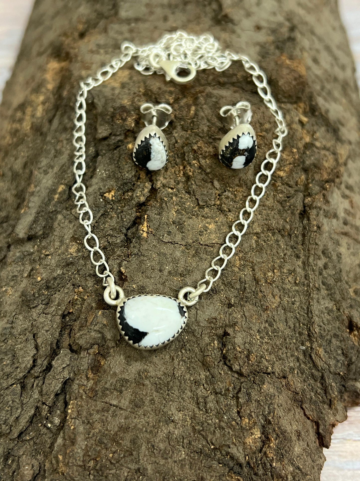 Handmade Sterling Silver White Buffalo Necklace & Earrings Set Signed Nizhoni