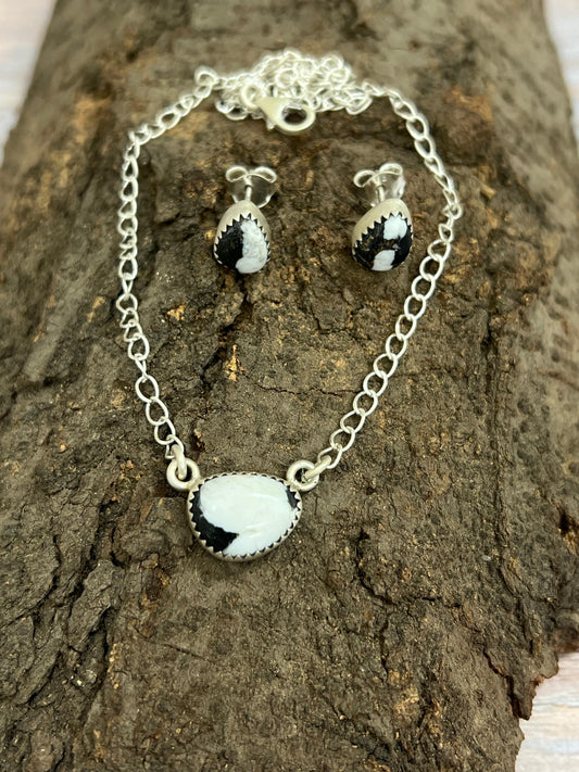Handmade Sterling Silver White Buffalo Necklace & Earrings Set Signed Nizhoni