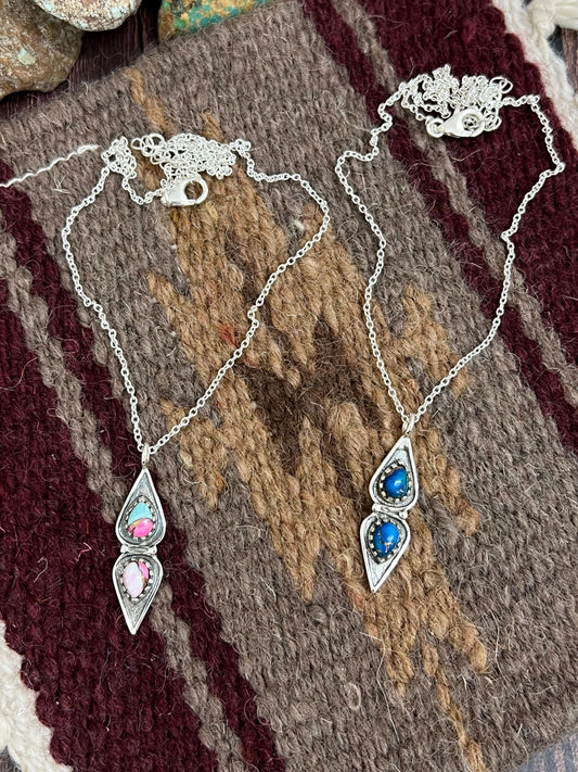 Handmade Sterling Silver Cotton Candy Peacock Dahlia Necklace, Signed Nizhoni