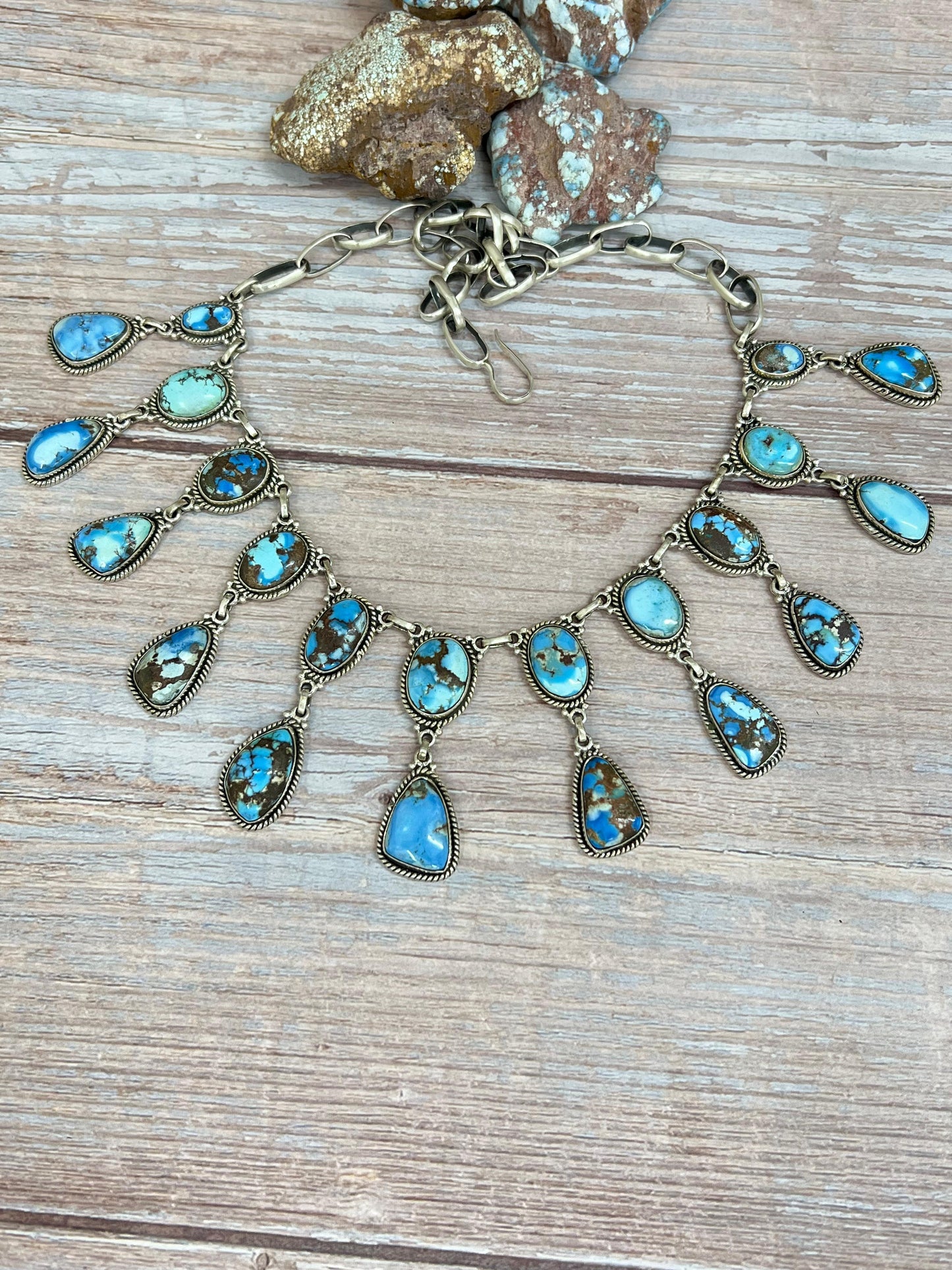 Handmade Sterling Silver Golden Hills Turquoise Necklace with Signed Nizhoni