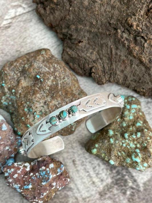 Handmade Sterling Silver Kingman Turquoise Cuff Bracelet with Signed Nizhoni