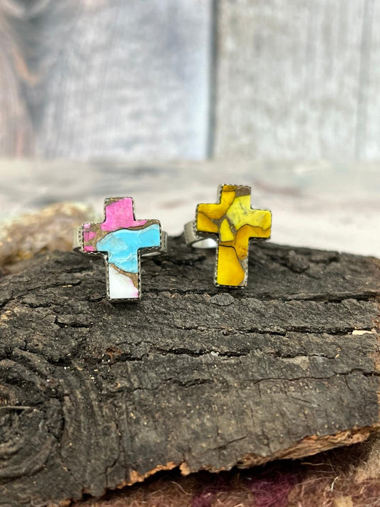 Handmade Sterling Silver Honey Dahlia, Cotton Candy Turquoise Cross Adjustable Ring with Signed Nizhoni