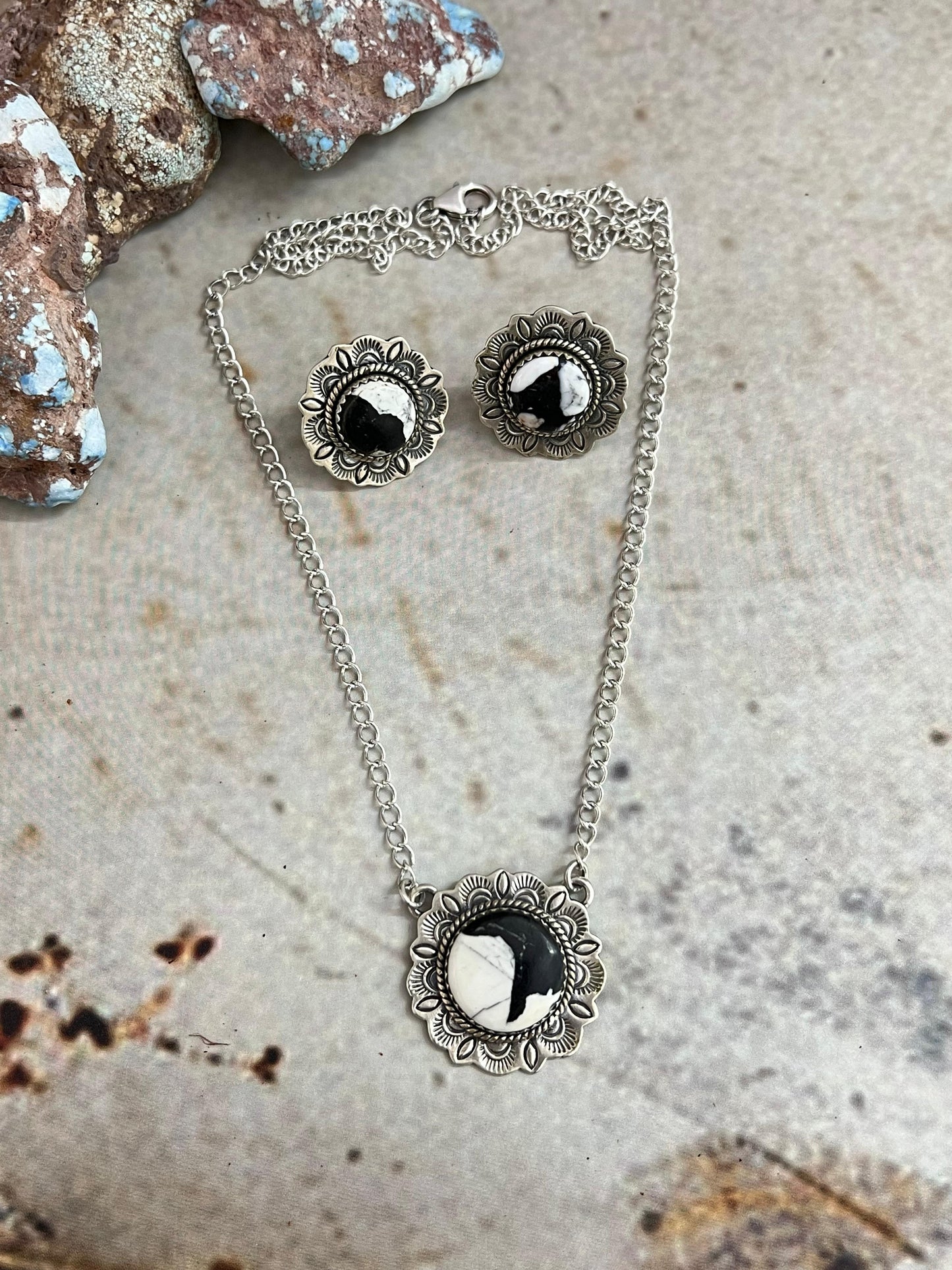 Handmade Sterling Silver White Buffalo Necklace Earrings Set with Signed Nizhoni