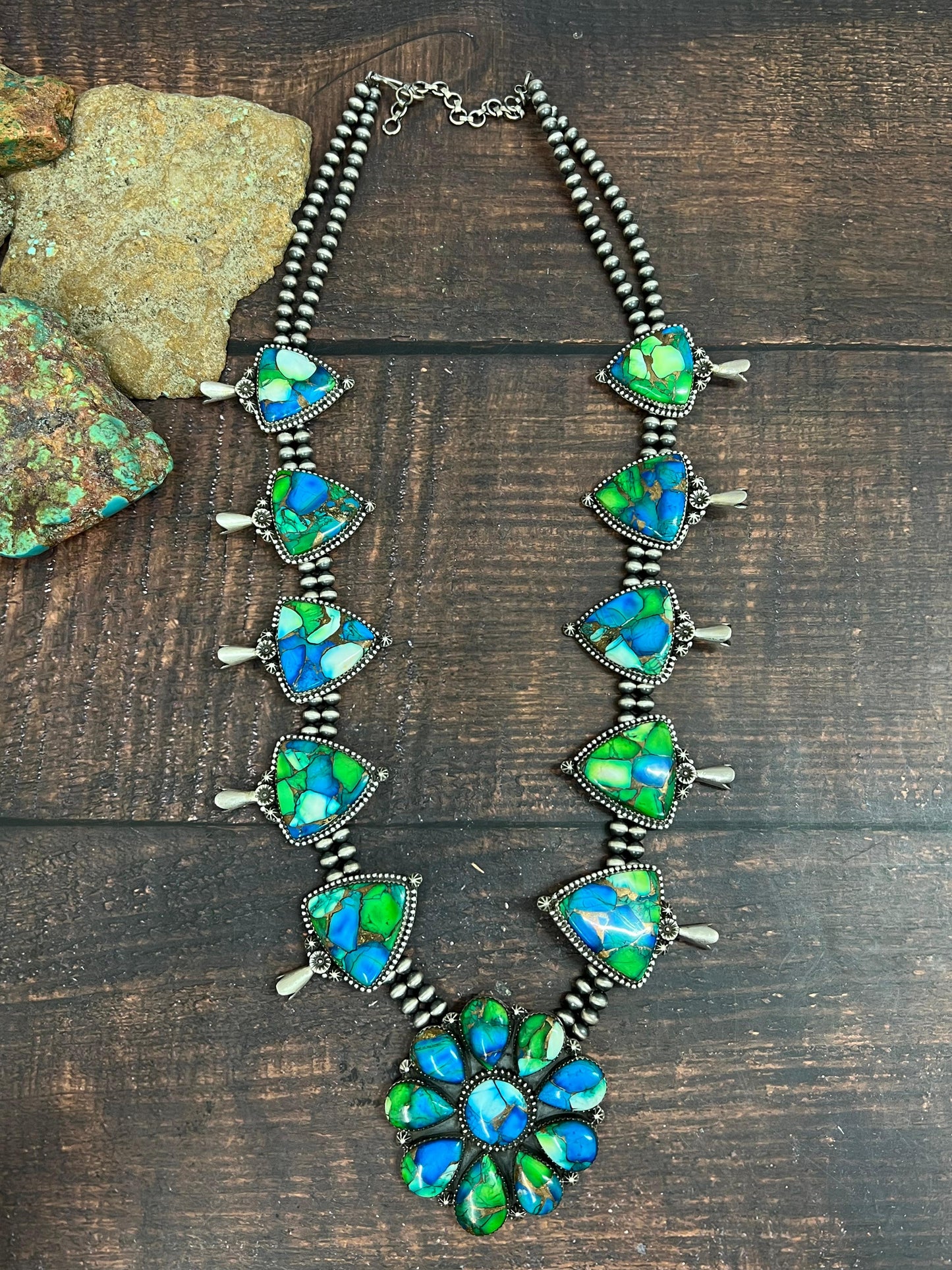 Handmade Sterling Silver Peacock Dahlia Beaded Necklace with Signed Nizhoni