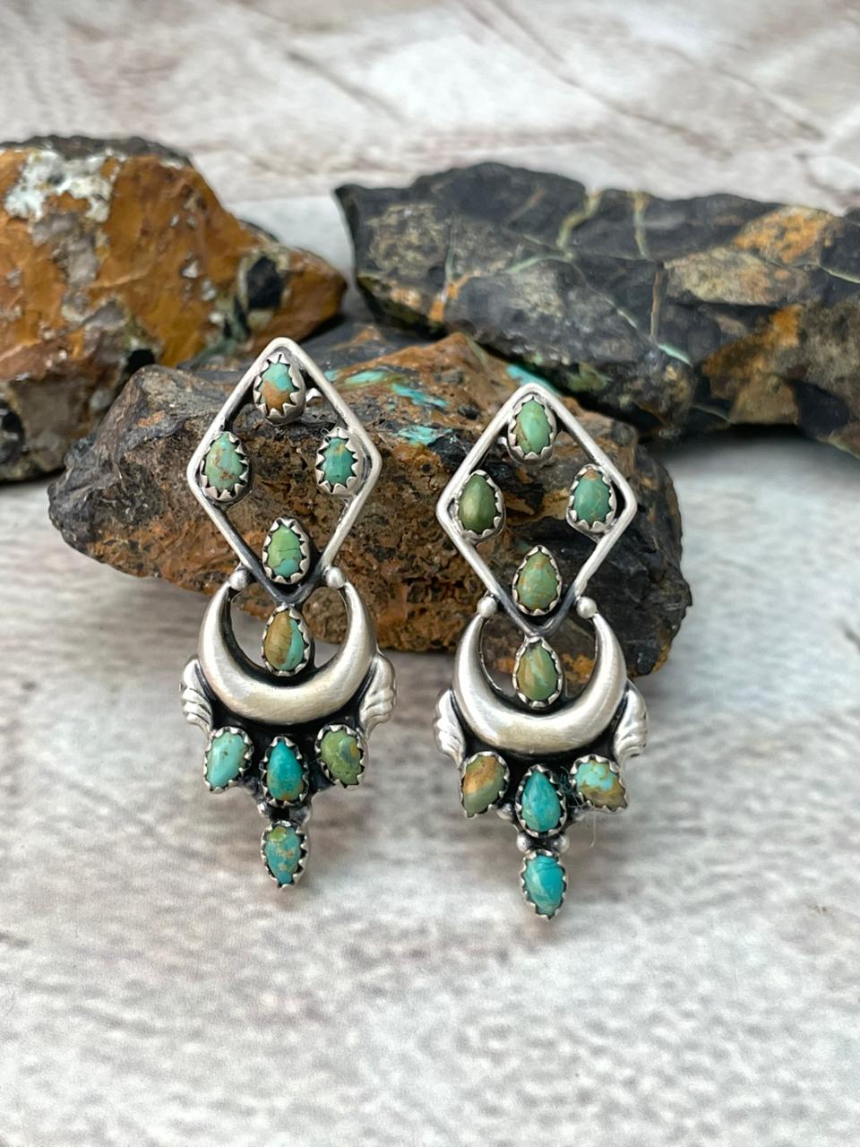 Handmade Sterling Silver Kingman Turquoise Post Dangle Earrings "Signed Nizhoni"