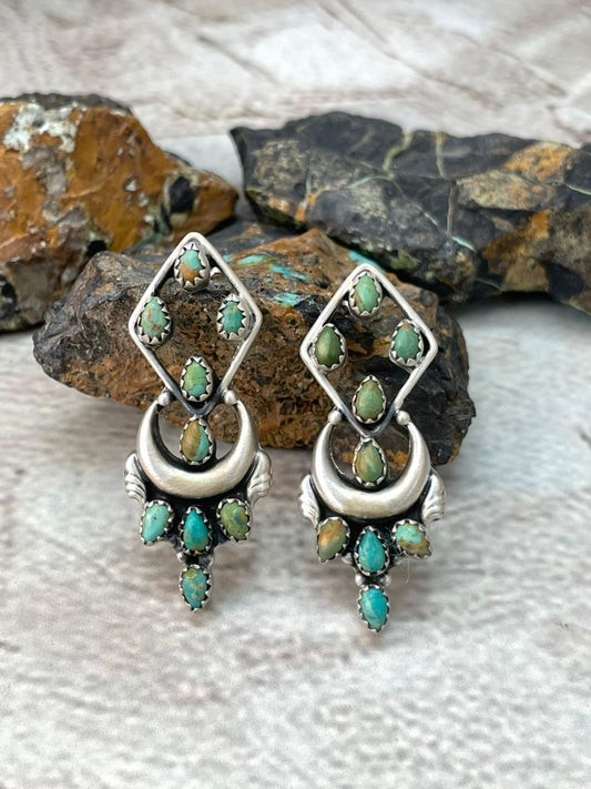 Handmade Sterling Silver Kingman Turquoise Post Dangle Earrings "Signed Nizhoni"
