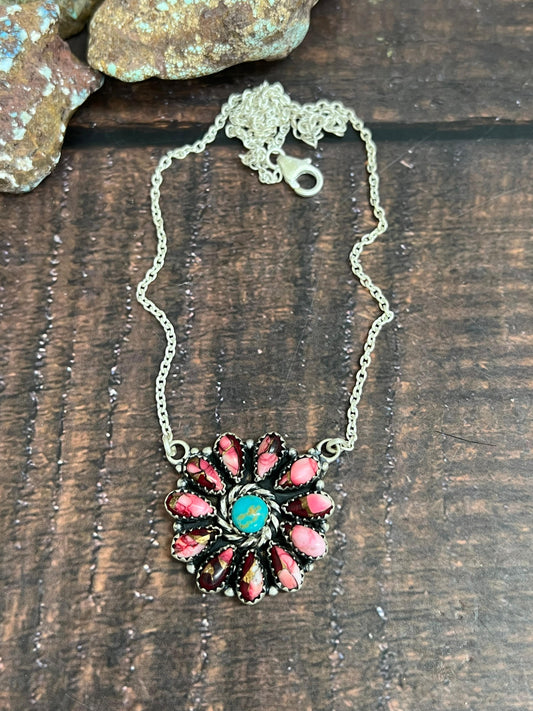 Handmade Sterling Silver Dahlia Rose, Kingman Turquoise Necklace with Signed Nizhoni