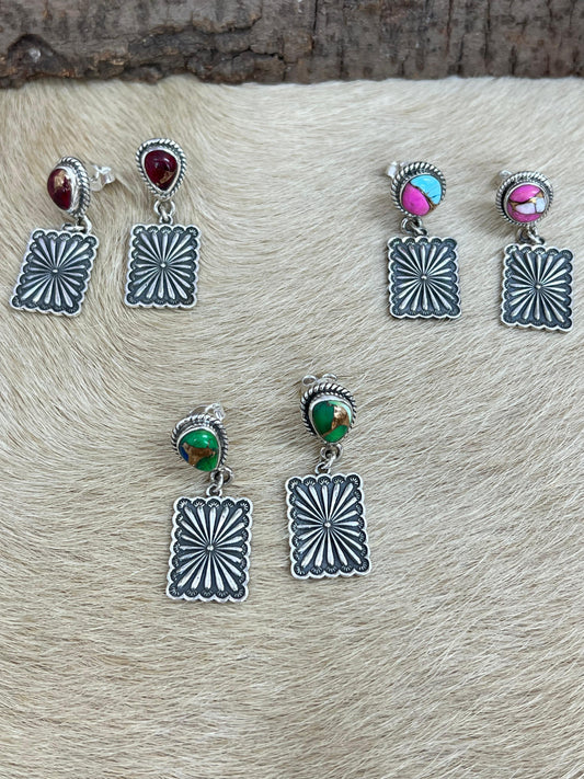 Handmade Sterling Silver Peacock Dahlia, Cotton Candy, Dahlia Rose Dangle Earrings, Signed Nizhoni (3)