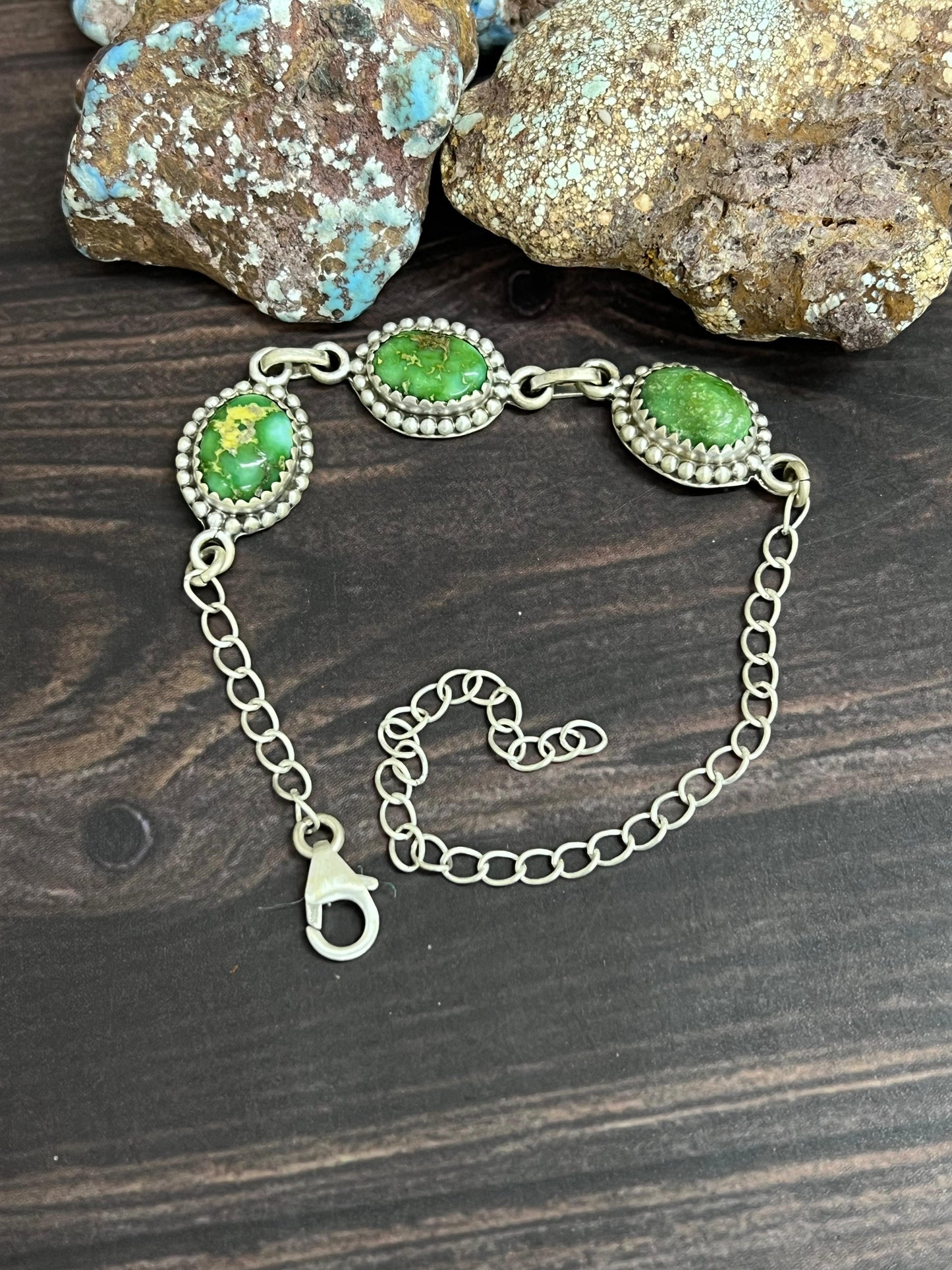 Handmade Sterling Silver Sonoran Mountain Turquoise Chain Bracelet with Signed Nizhoni