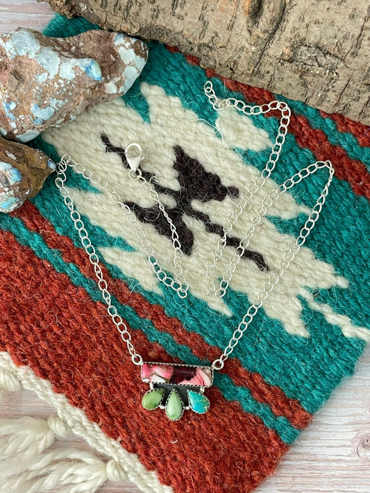Handmade Sterling Silver Dahlia Rose with Emerald Valley Turquoise Necklace "Signed Nizhoni"