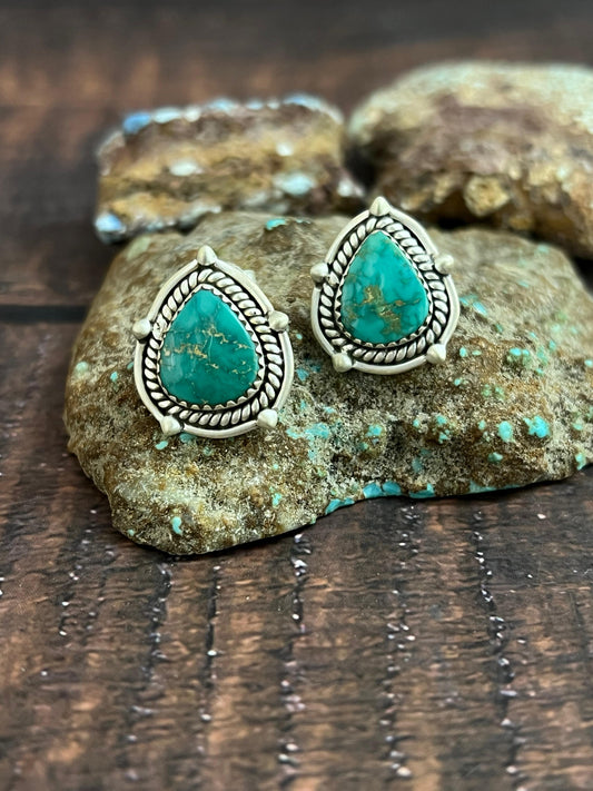 Handmade Sterling Silver Emerald Valley Post Studs with Signed Nizhoni