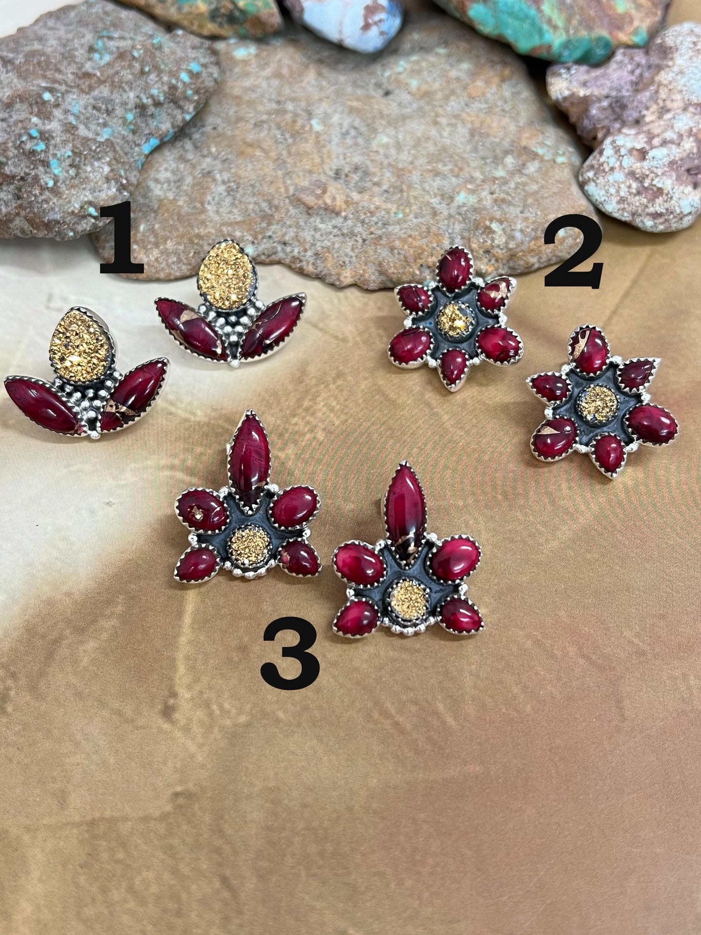 Handmade Sterling Silver Dahlia Rose with Druzy Studs, Signed Nizhoni