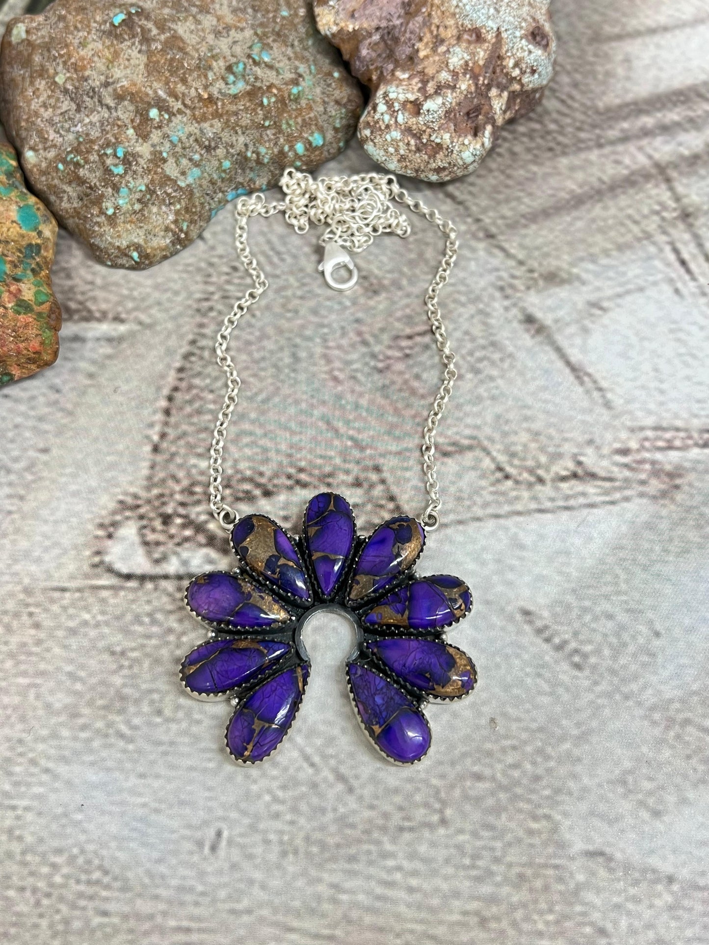 Handmade Sterling Silver Grape Dahlia Naja Necklace with Signed Nizhoni