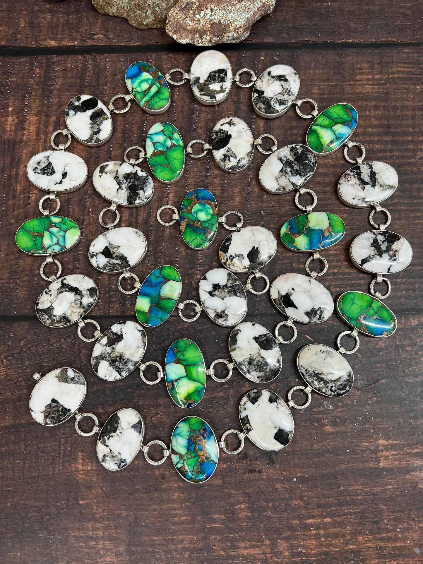 Handmade Sterling Silver White Buffalo with Peacock Dahlia Belt with Signed Nizhoni