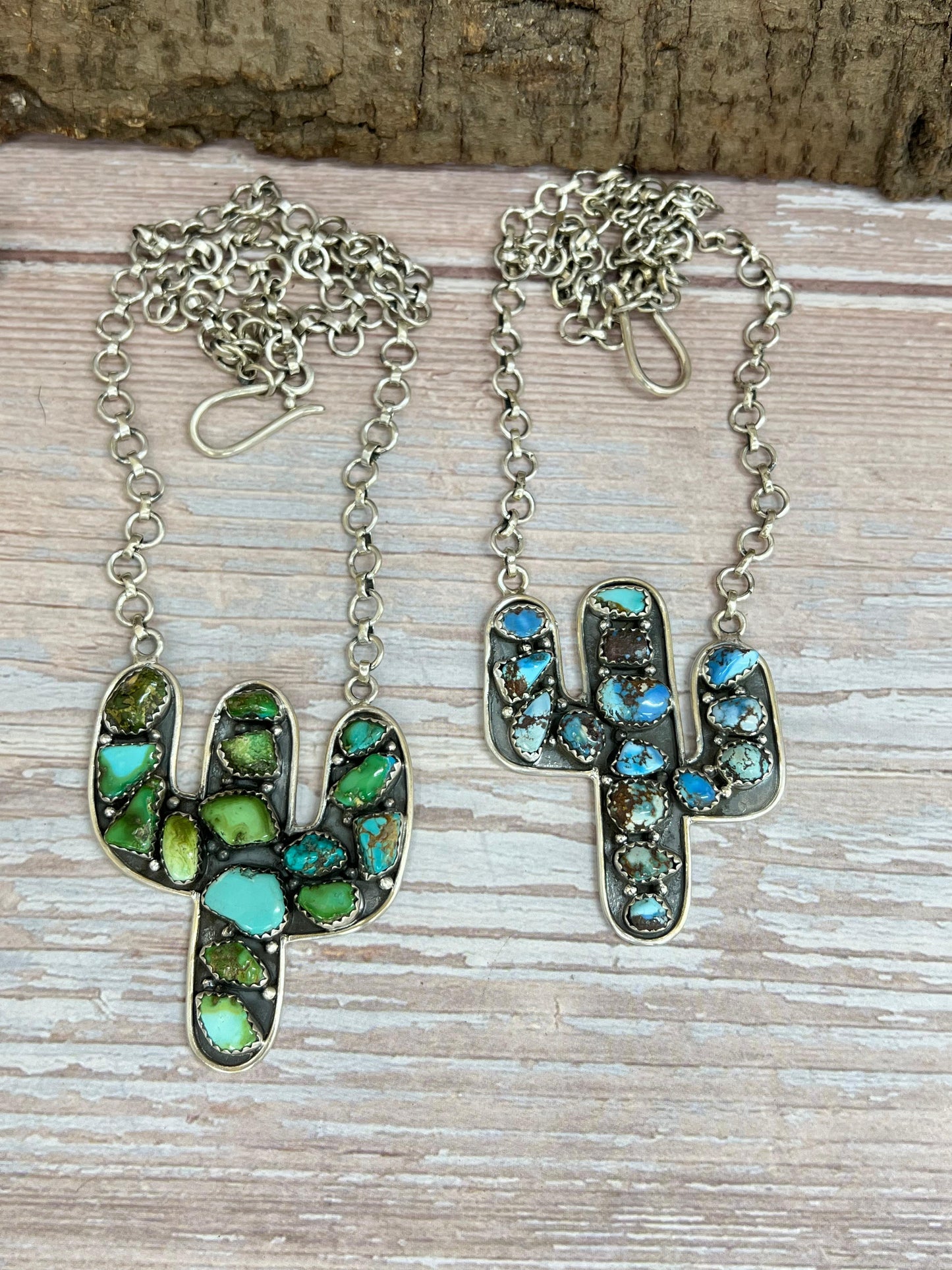 Handmade Sterling Silver Golden Hill Turquoise, Sonoran Saguaro Cactus Necklace with Signed Nizhoni