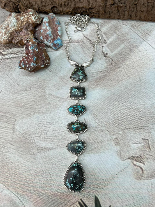 Handmade Sterling Silver Lander Turquoise Necklace with Signed Nizhoni