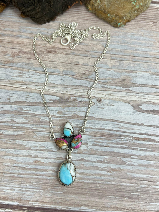 Handmade Sterling Silver Cotton Candy Turquoise Necklace with Signed Nizhoni