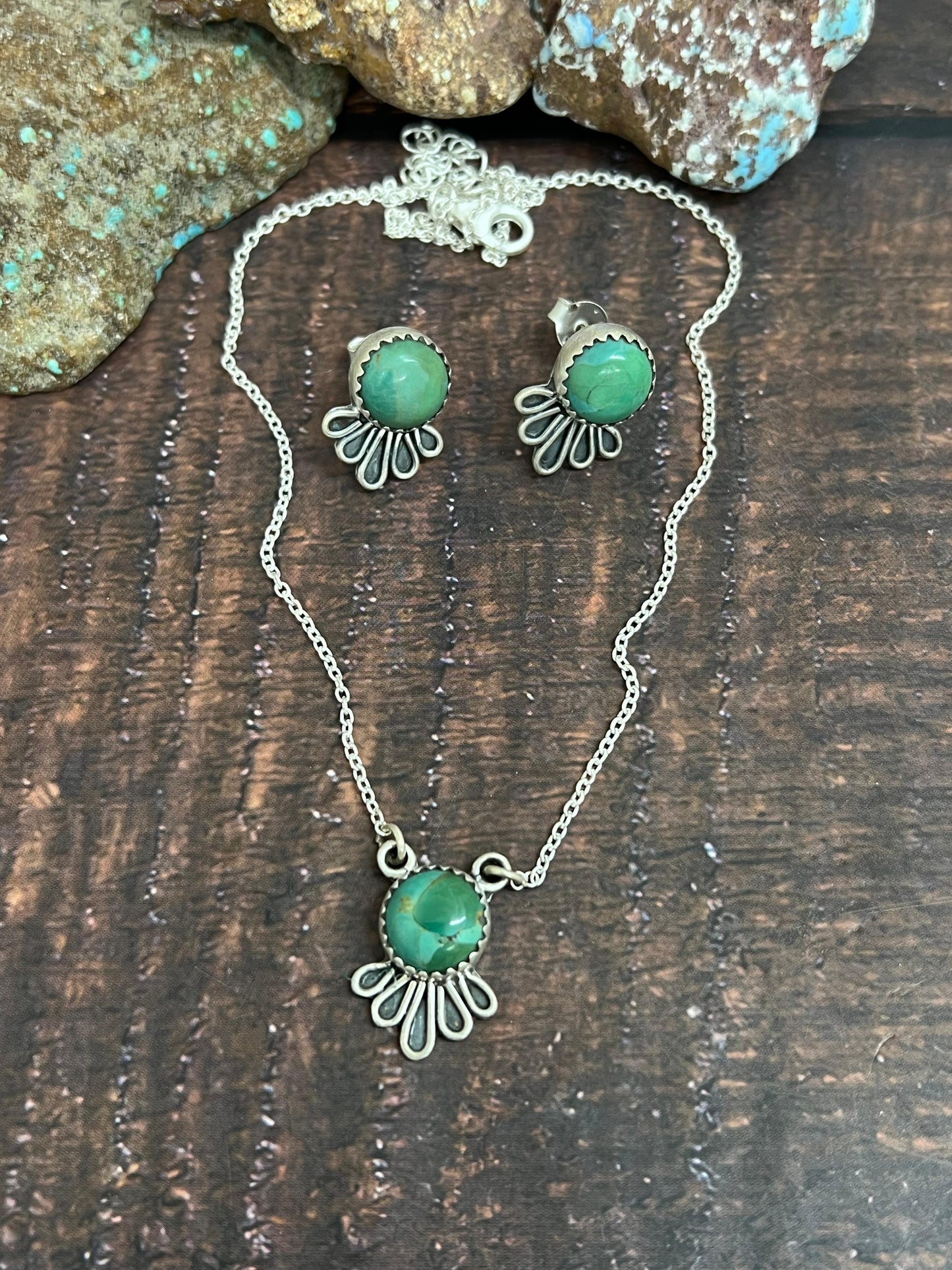 Handmade Sterling Silver Kingman Turquoise Necklace Earrings Set with Signed Nizhoni