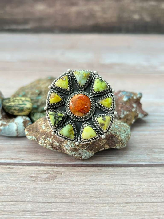 Handmade Sterling Silver Apple Coral and Palomino Adjustable Ring "Signed Nizhoni"