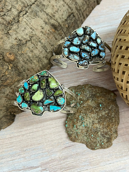 Handmade Sterling Silver Golden Hill, Sonoran Mountain Turquoise Spade Bracelet with Signed Nizhoni /
