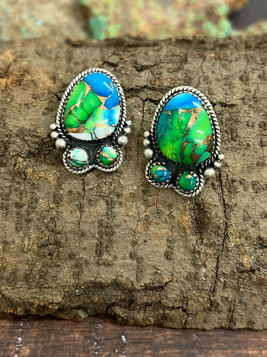 Handmade Sterling Silver Peacock Dahlia Post Earrings with Signed Nizhoni