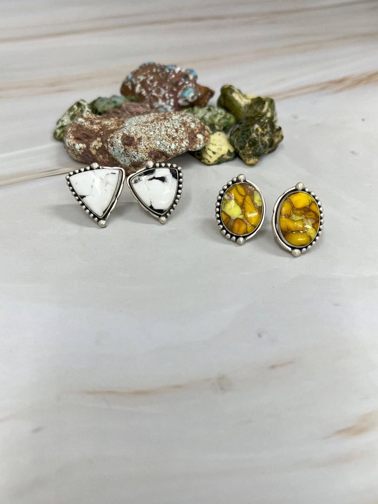 Handmade Sterling Silver Honey Dahlia, White Buffalo Turquoise Earrings with Signed Nizhoni