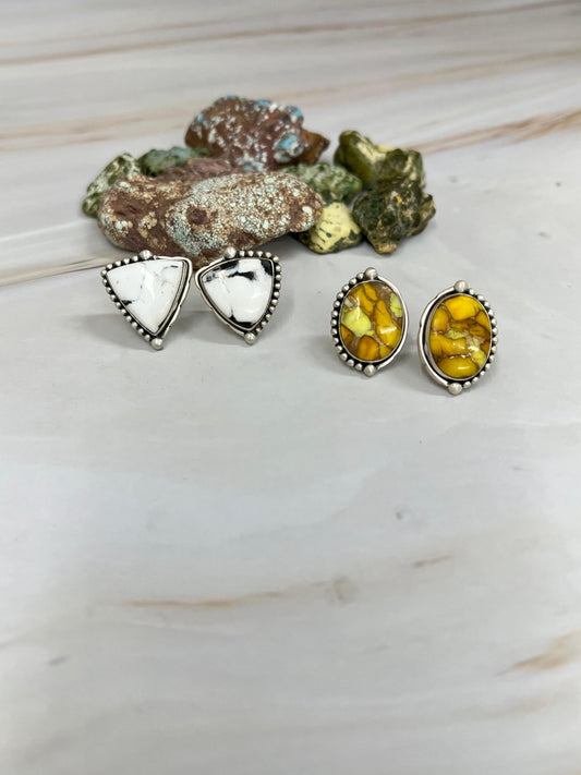 Handmade Sterling Silver Honey Dahlia, White Buffalo Turquoise Earrings with Signed Nizhoni