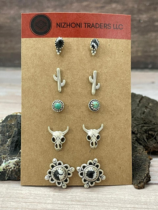 Handmade Sterling Silver White Buffalo with Kingman Turquoise Studs (Cards) Earrings Set
