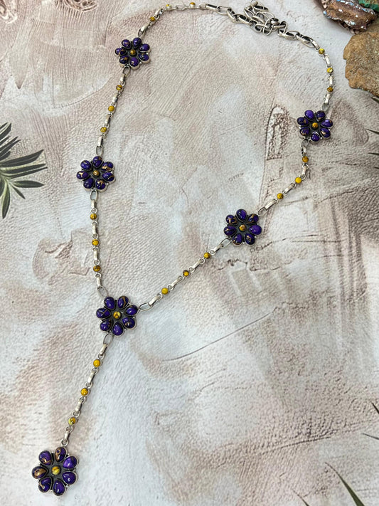 Handmade Sterling Silver Grape Dahlia, Honey Dahlia Necklace with Signed Nizhoni