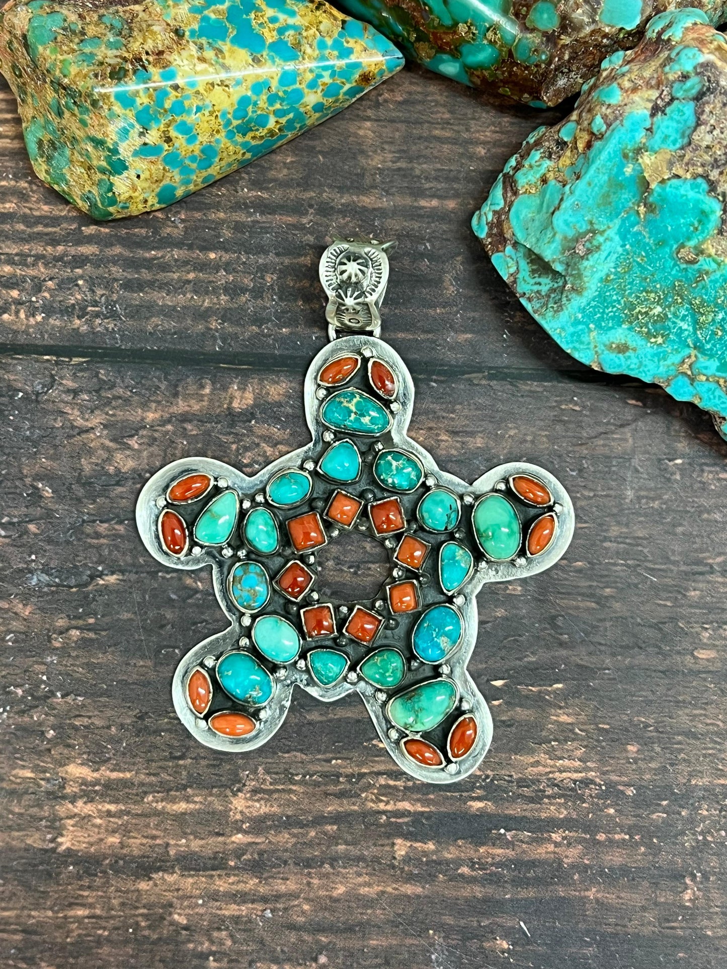 Handmade Sterling Silver Coral with Emerald Valley Pendant, Signed Nizhoni