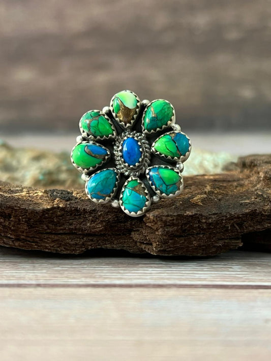 Handmade Sterling Silver Peacock Dahlia Adjustable Ring With Signed Nizhoni