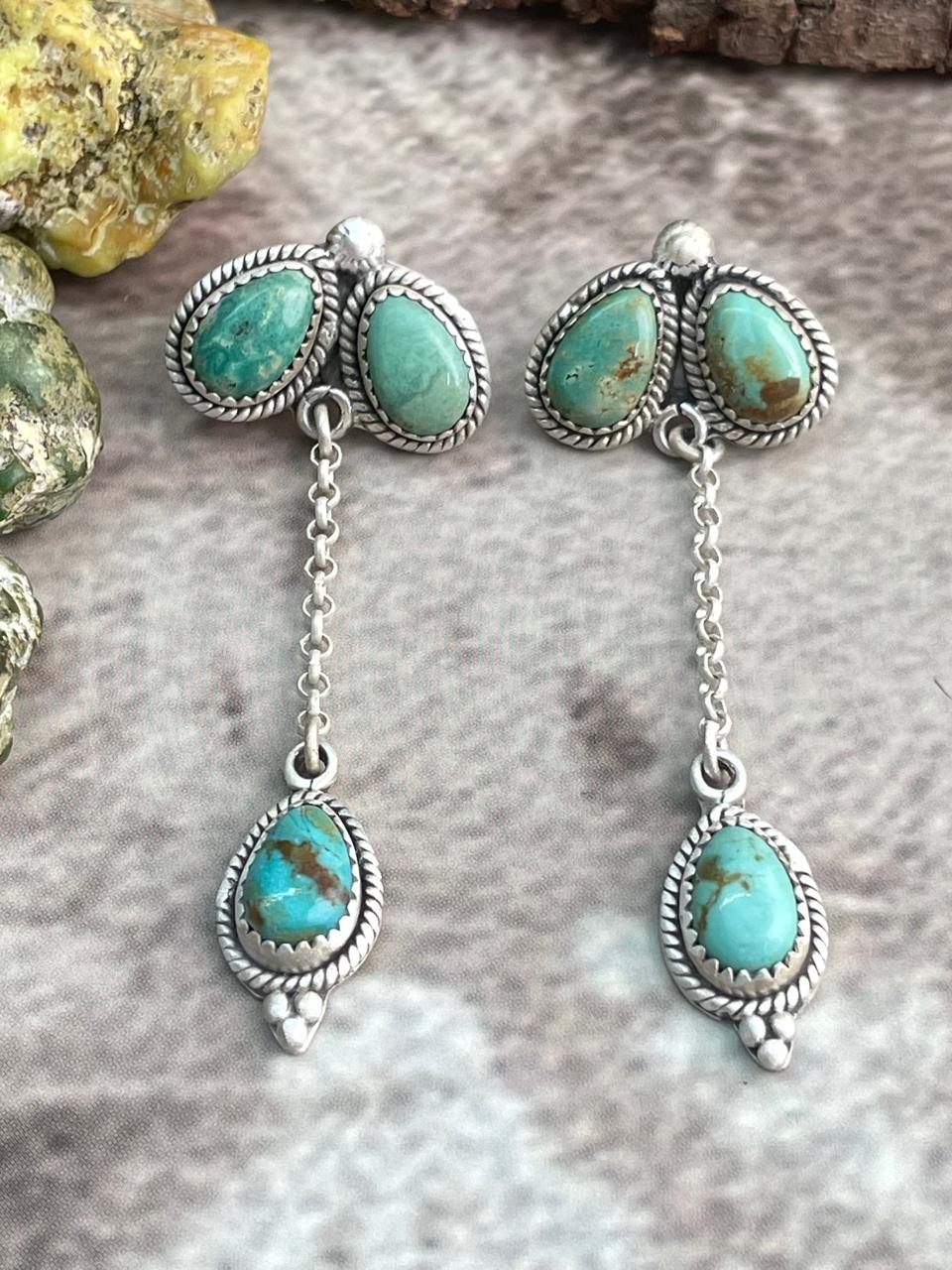 Handmade Sterling Silver Old stock Royston Turquoise Post Dangle Earrings "Signed Nizhoni"