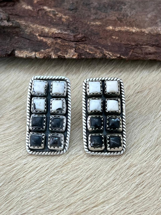 Handmade Sterling Silver White Buffalo Post Studs Earrings "Signed Nizhoni"