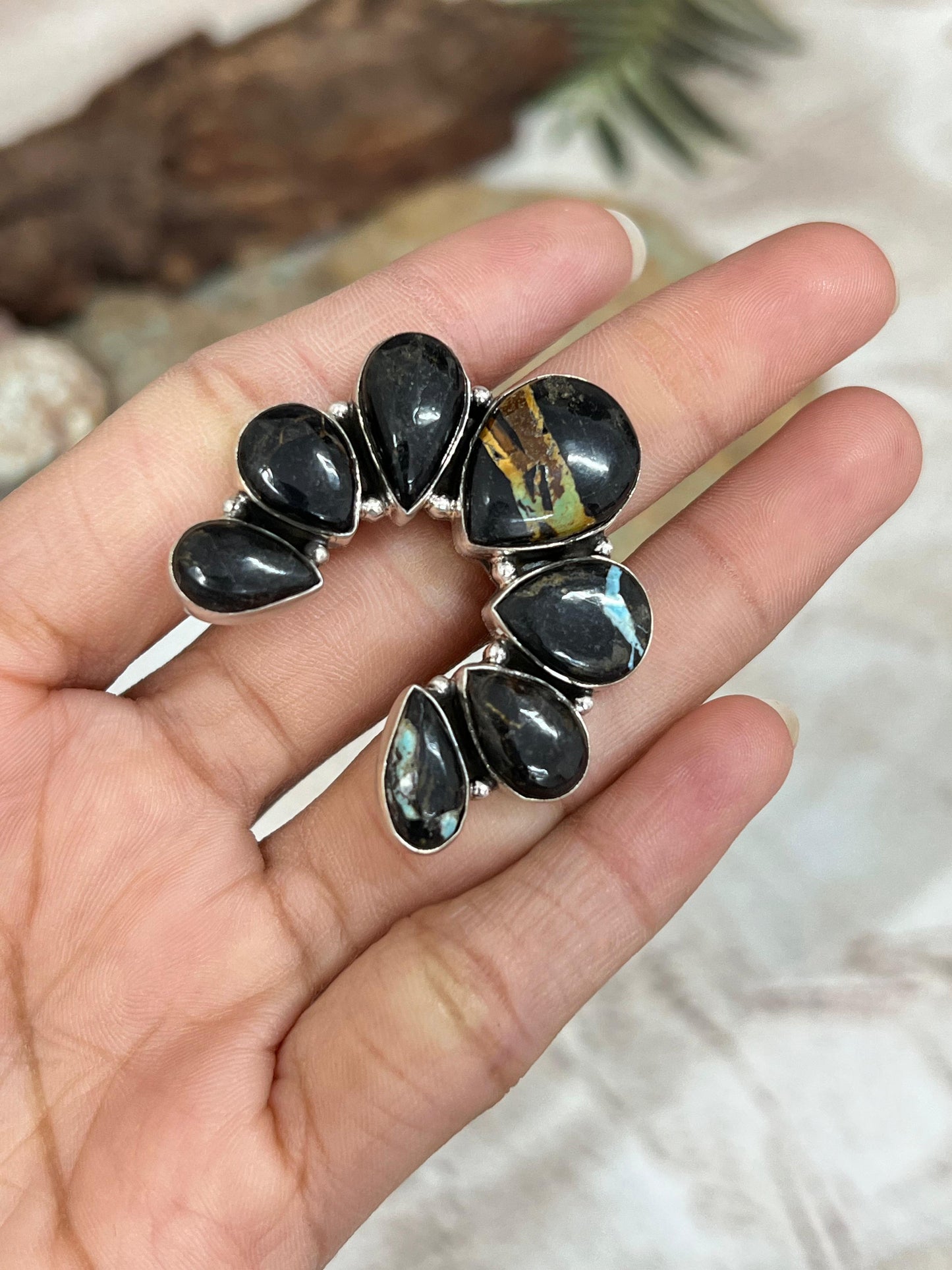 Handmade Sterling Silver Blackjack Turquoise Adjustable Ring Signed Nizhoni