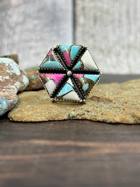Handmade Sterling Silver Cotton Candy Turquoise Adjustable Ring with Signed Nizhoni