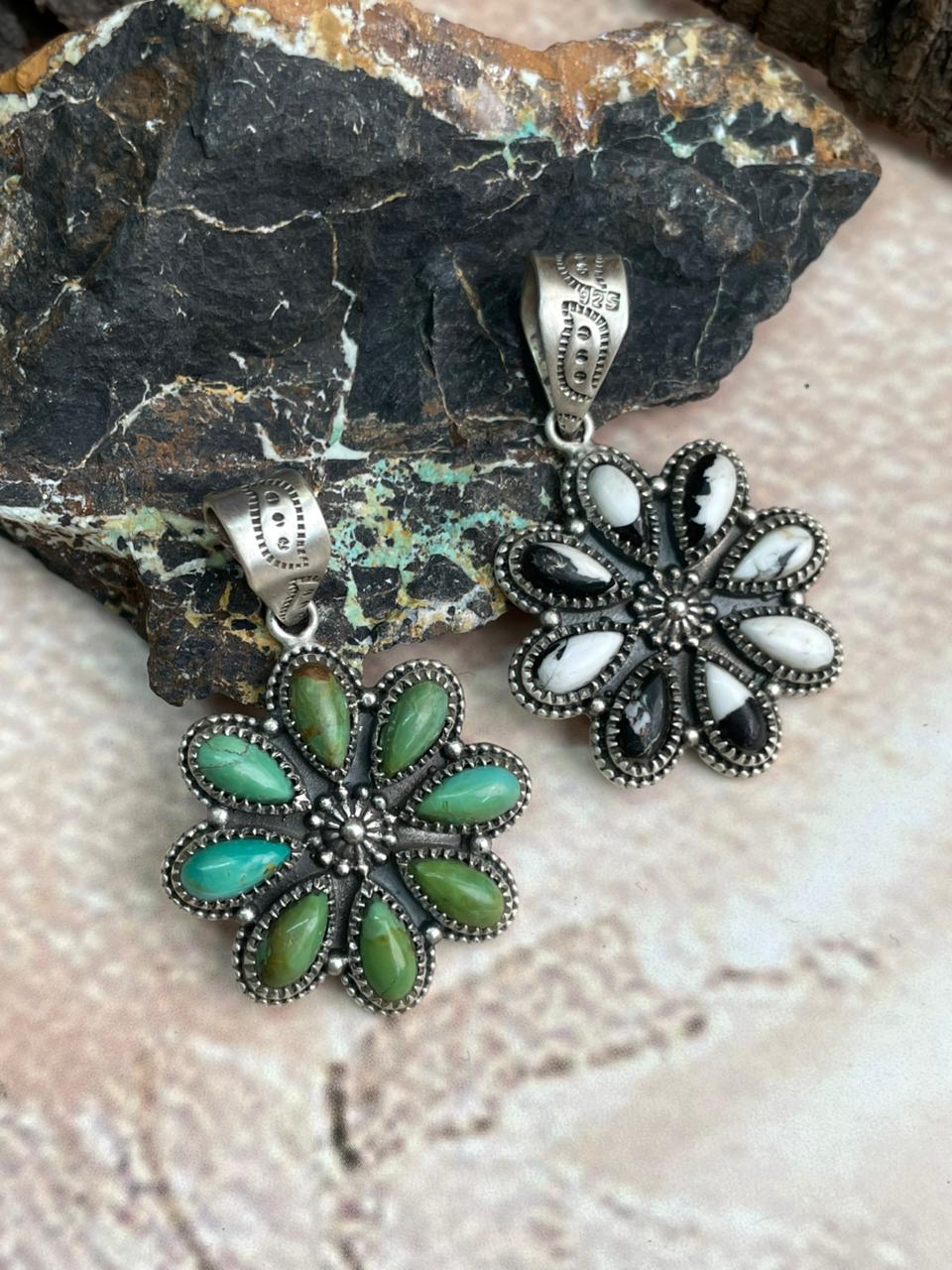 Handmade Sterling Silver White Buffalo, Kingman Turquoise Pendant "Signed Nizhoni"