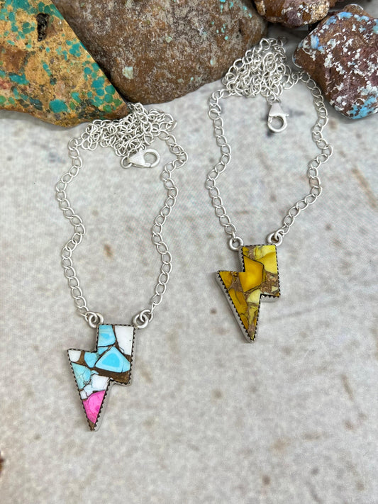 Handmade Sterling Silver Cotton Candy, Honey Dahlia Lightning Bolt Necklace Signed Nizhoni (3)