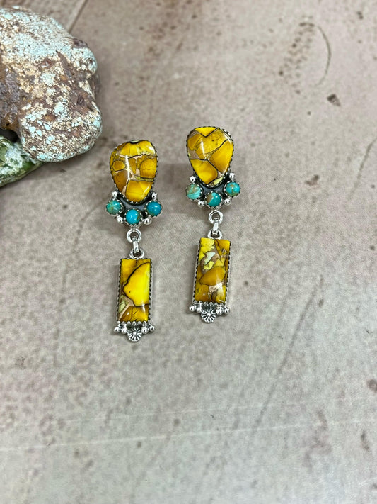 Handmade Sterling Silver Honey Dahlia with Kingman Turquoise Post Earrings, Signed Nizhoni