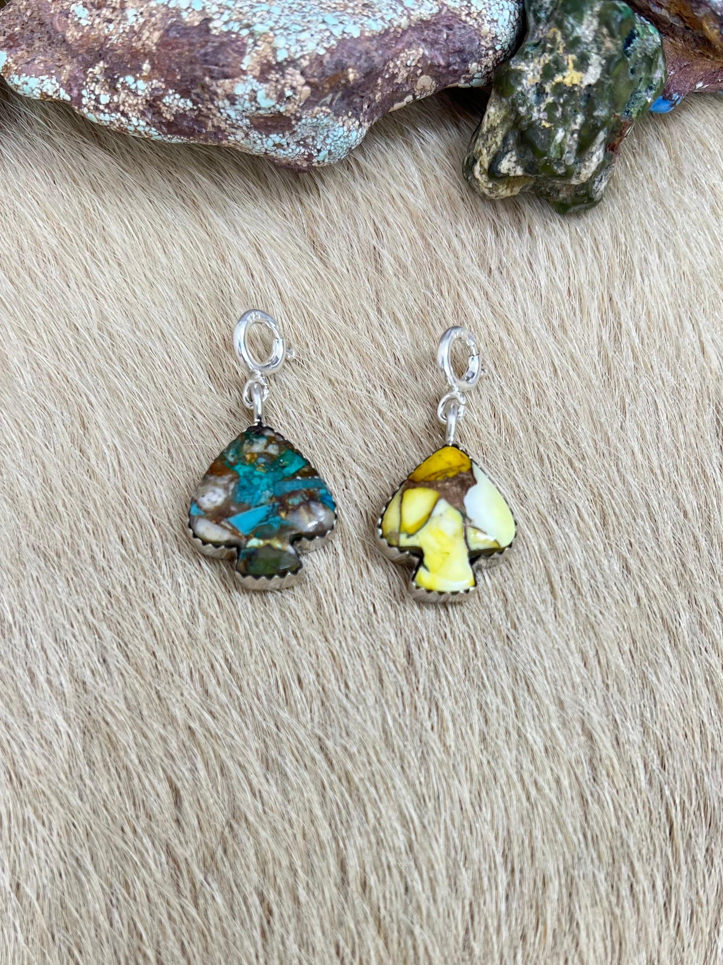 Handmade Sterling Silver Honey Dahlia, Royston Turquoise Spade Charms with Signed Nizhoni