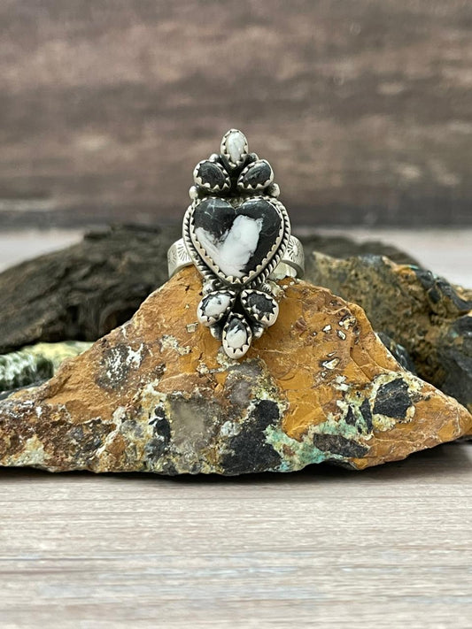 Handmade Sterling Silver White Buffalo Adjustable Ring "Signed Nizhoni"