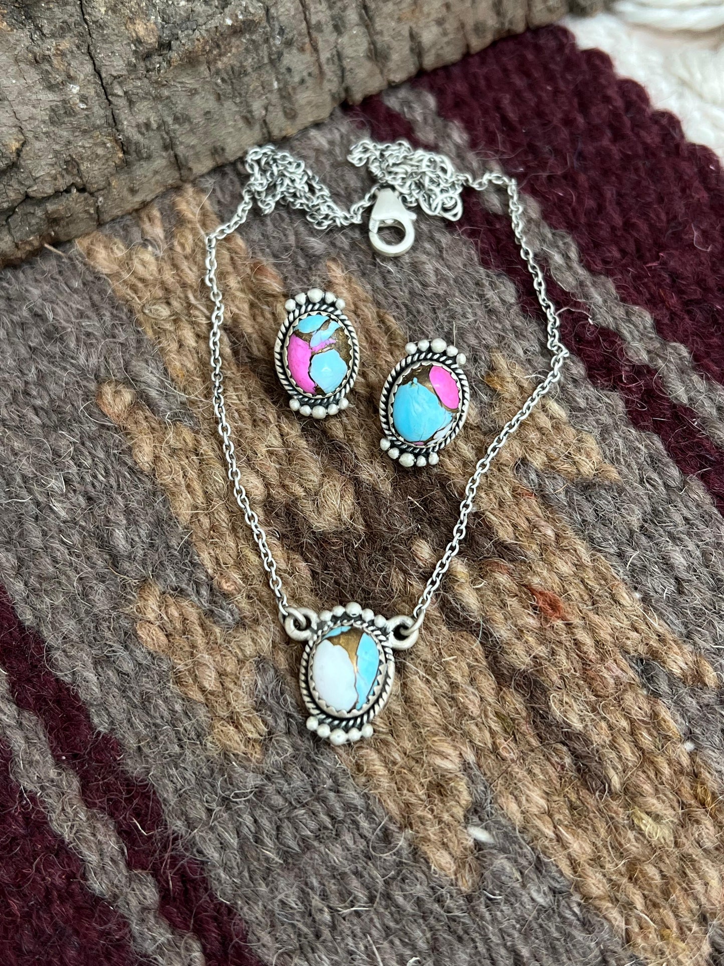 Handmade Sterling Silver Cotton Candy Turquoise Necklace Earrings Set, Signed Nizhoni (5)