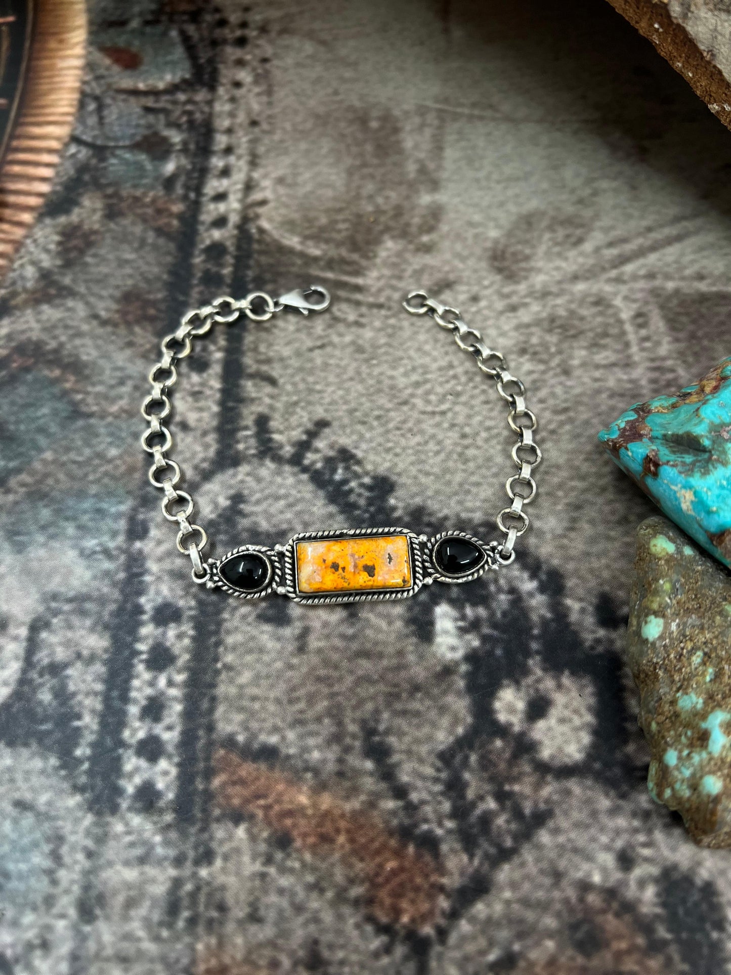 "Halloween Collection" Handmade Sterling Silver Black Onyx, Bumblebee Chain Bracelet with Signed Nizhoni