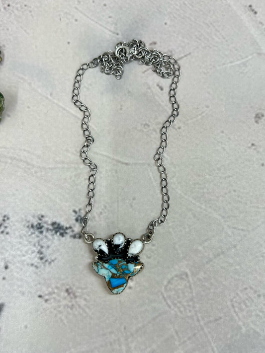 Handmade Sterling Silver Blue Ice Rose Dahlia with White Buffalo Necklace with Signed Nizhoni