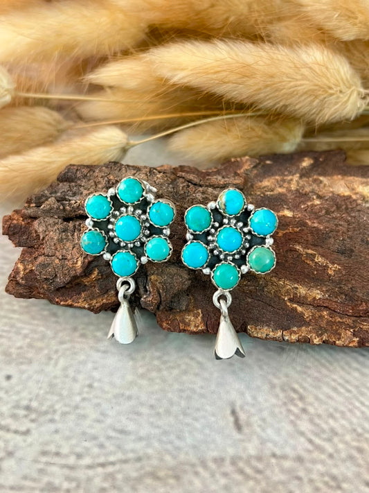 Handmade Sterling Silver Kingman Turquoise Post Studs Squash Blossom Earrings Signed Nizhoni