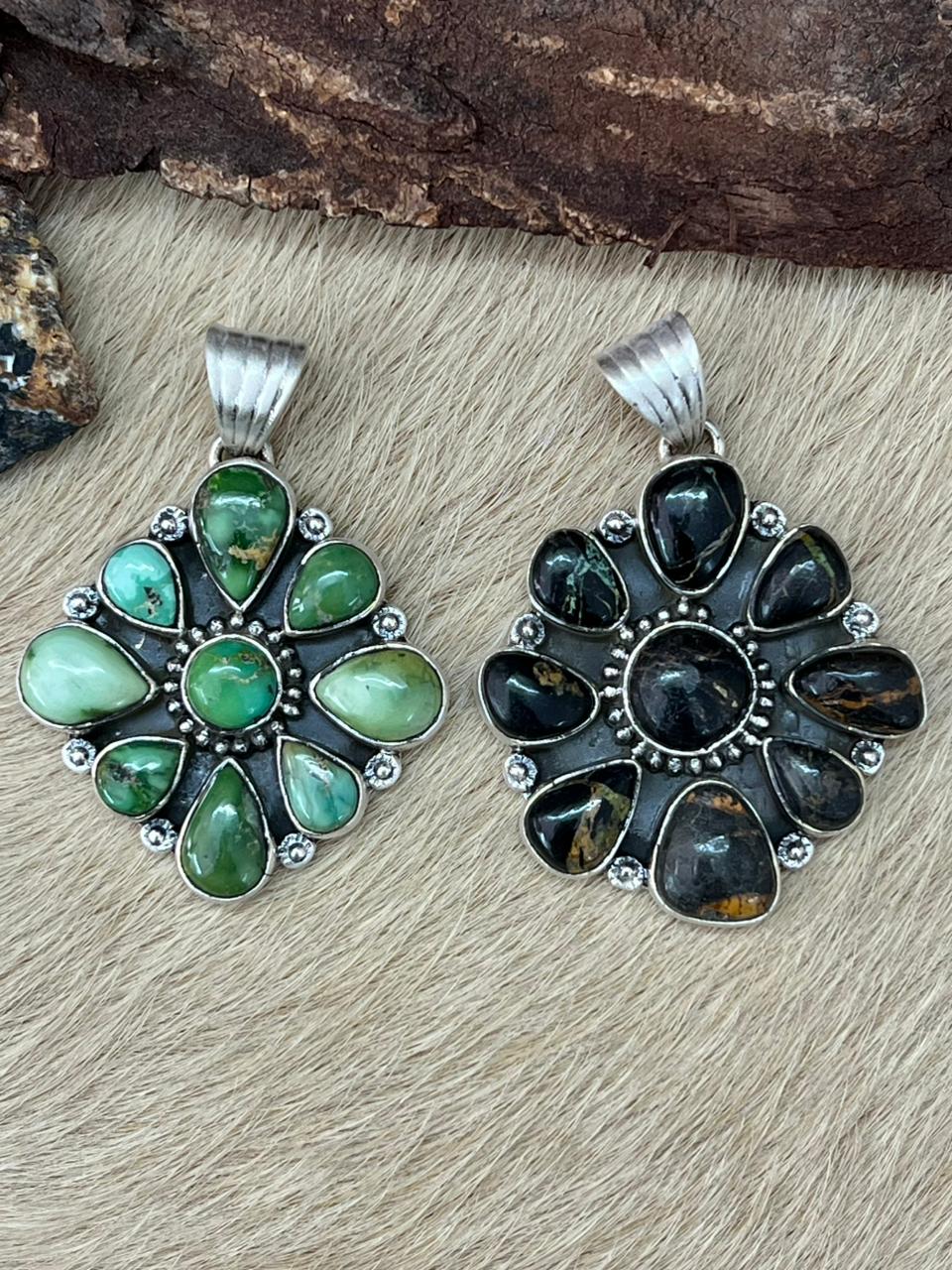 Handmade Sterling Silver Sonoran Mountain Turquoise, Blackjack Pendant "Signed Nizhoni"