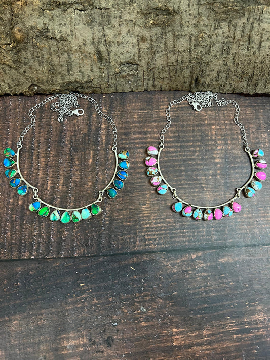 Handmade Sterling Silver Peacock Dahlia, Cotton Candy Turquoise Necklace with Signed Nizhoni