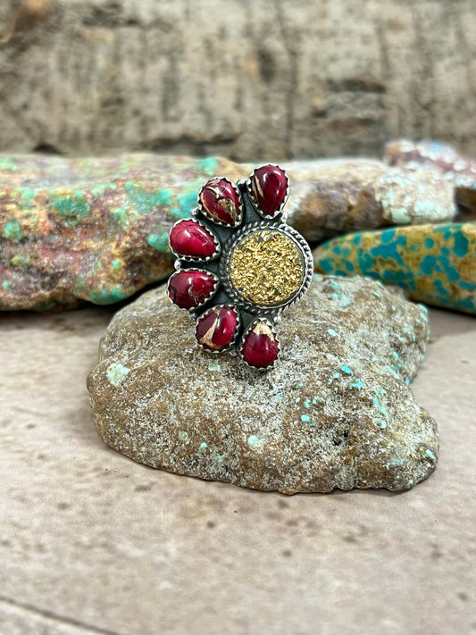 Handmade Sterling Silver Dahlia Rose with Druzy Adjustable Ring with Signed Nizhoni
